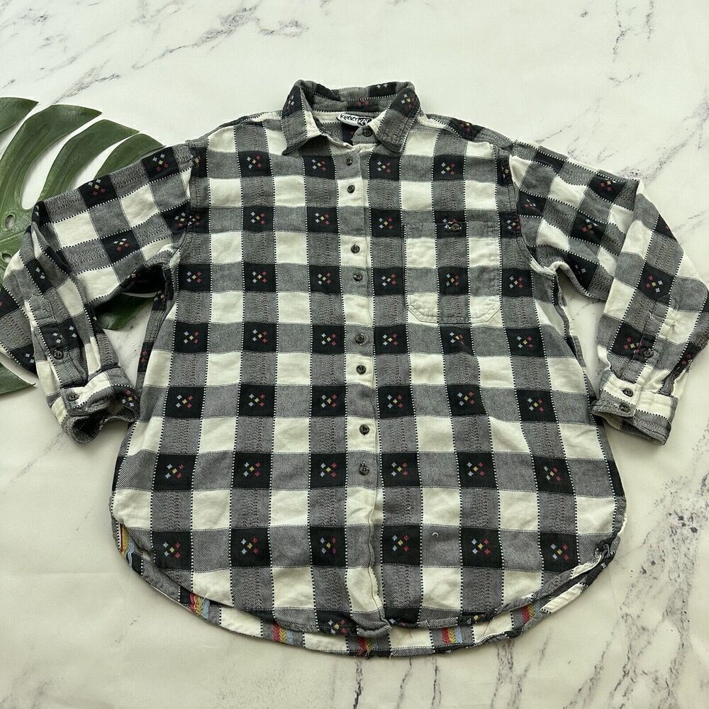 Krazy Kat Womens Vintage 90s Flannel Plaid Shirt Size L Gray White Button Front